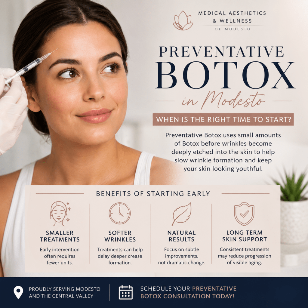 Preventative Botox treatment in Modesto showing patient receiving forehead Botox injections for wrinkle prevention and youthful skin support.