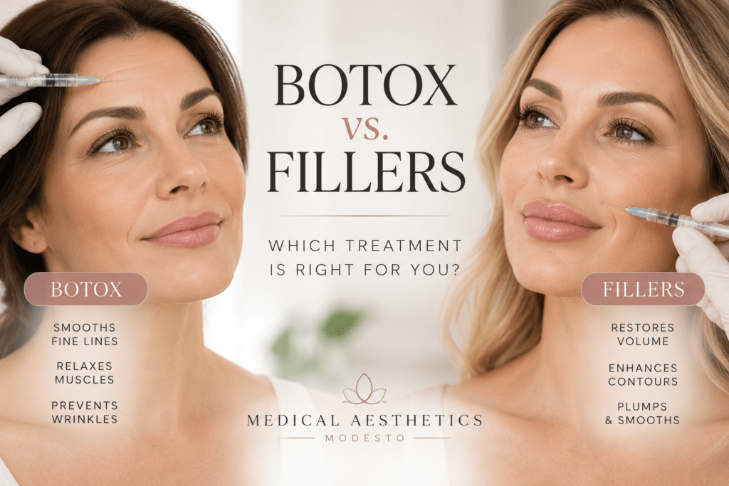 Botox vs Fillers comparison graphic showing forehead Botox injection and lip filler injection at Medical Aesthetics Modesto